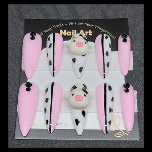 Handmade Hard Gel Pink and White Cow Print Press on Nail Art Set